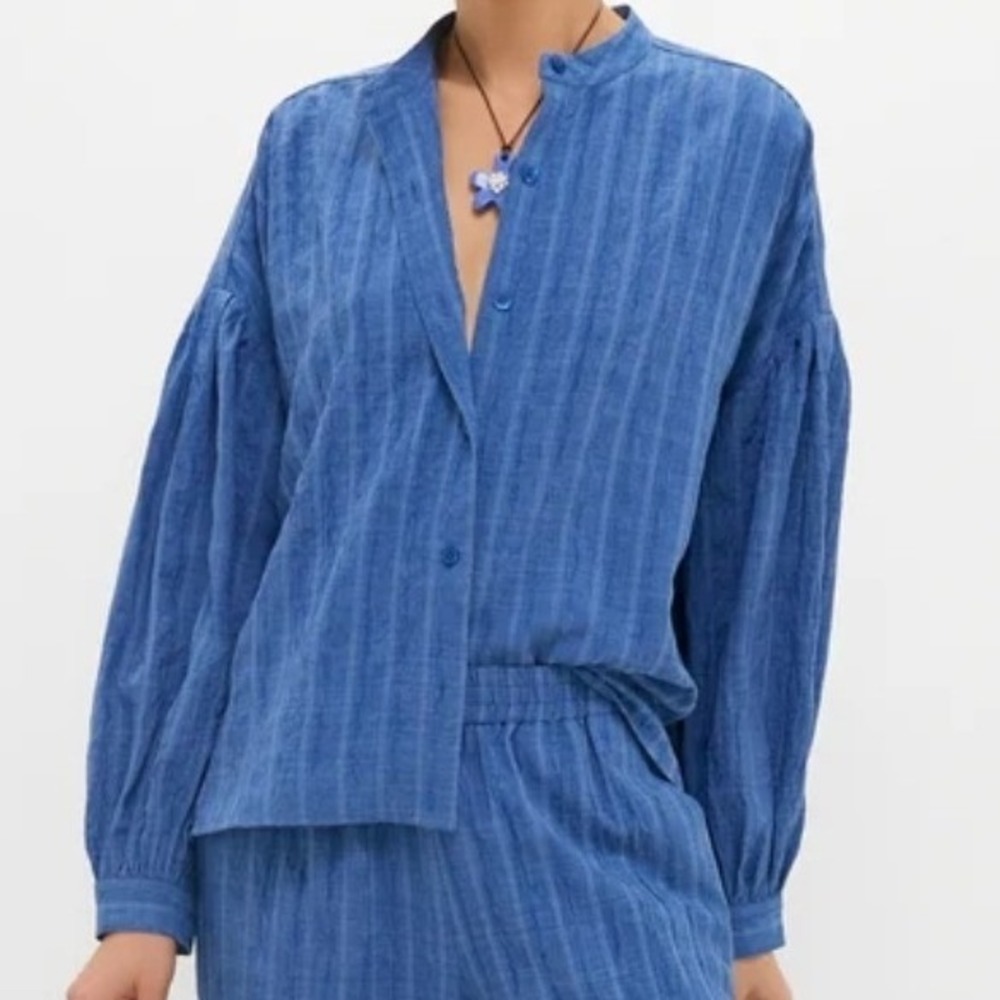 Tuckernuck Juliette Button Down Top Shadow Stripe Chic Quiet Luxury Blue XL